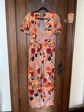 Floral Romper with Train Dress in Mauve with Red & Orange Blooms
